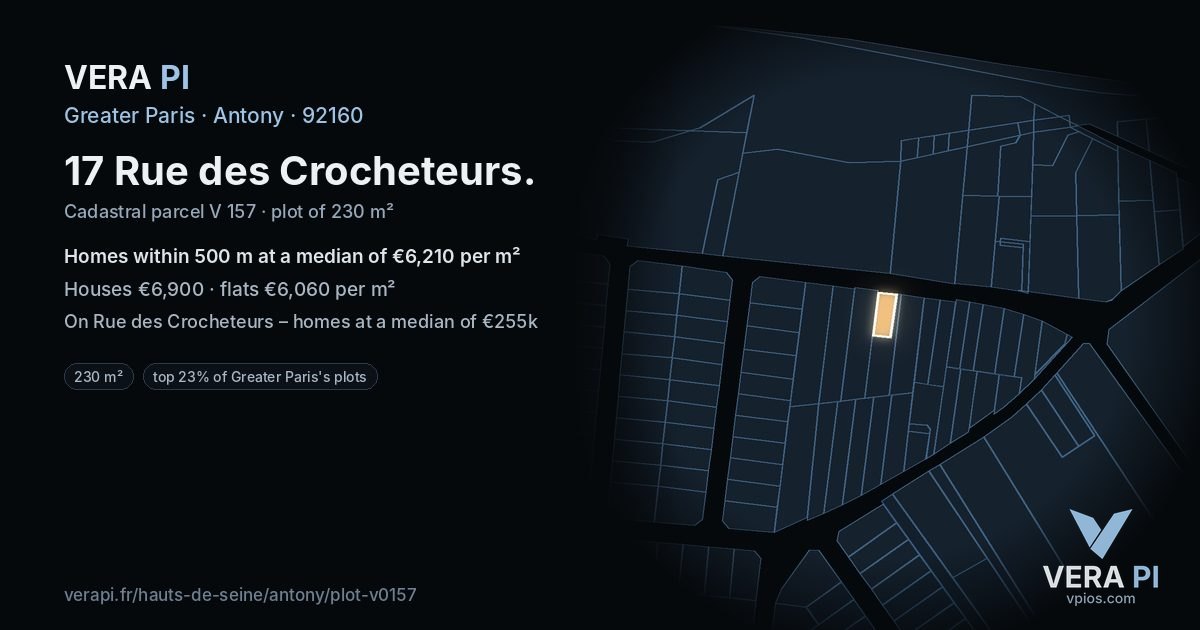17 Rue des Crocheteurs, Antony at night – the plot lit, the parcels around coloured by the prices near them