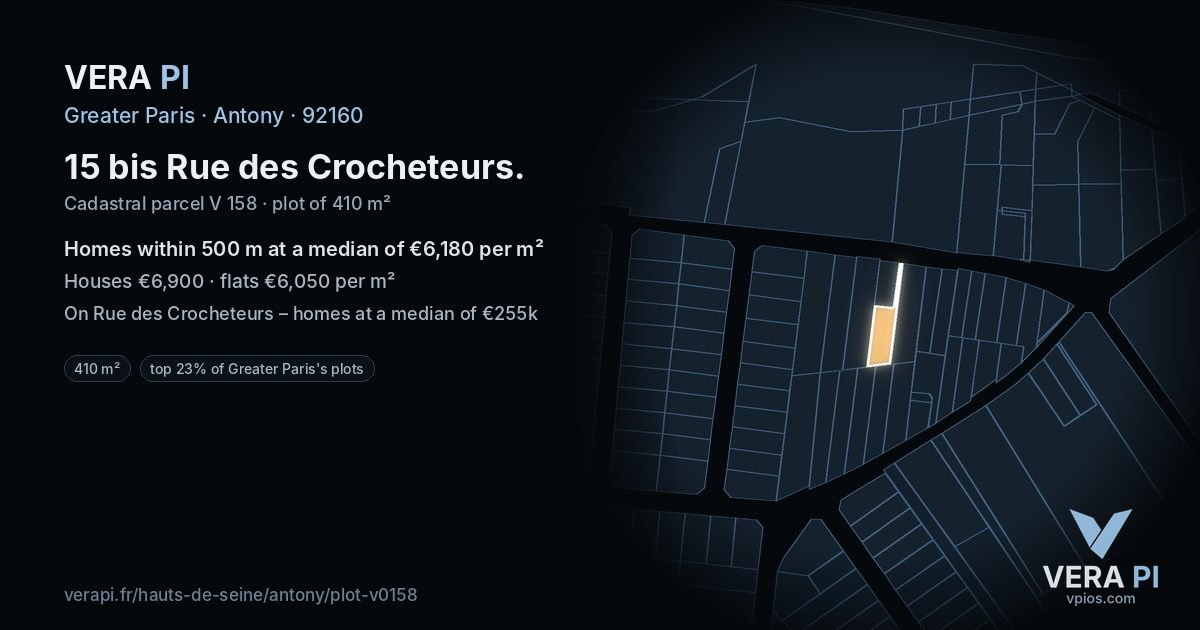 15 bis Rue des Crocheteurs, Antony at night – the plot lit, the parcels around coloured by the prices near them