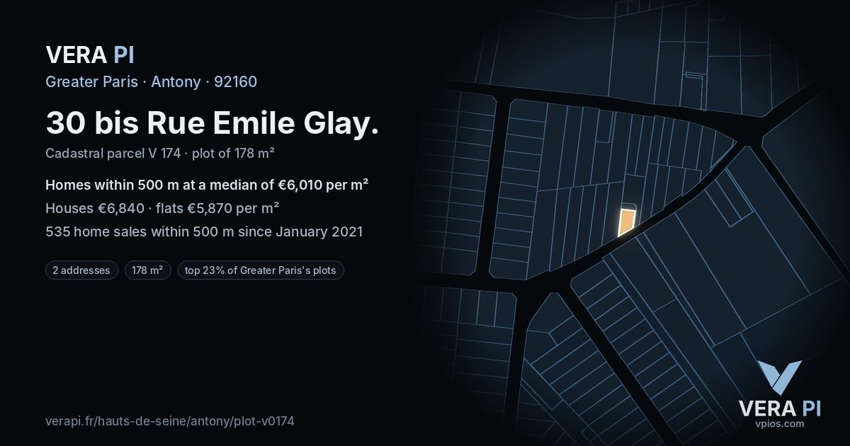 30 bis Rue Emile Glay, Antony at night – the plot lit, the parcels around coloured by the prices near them
