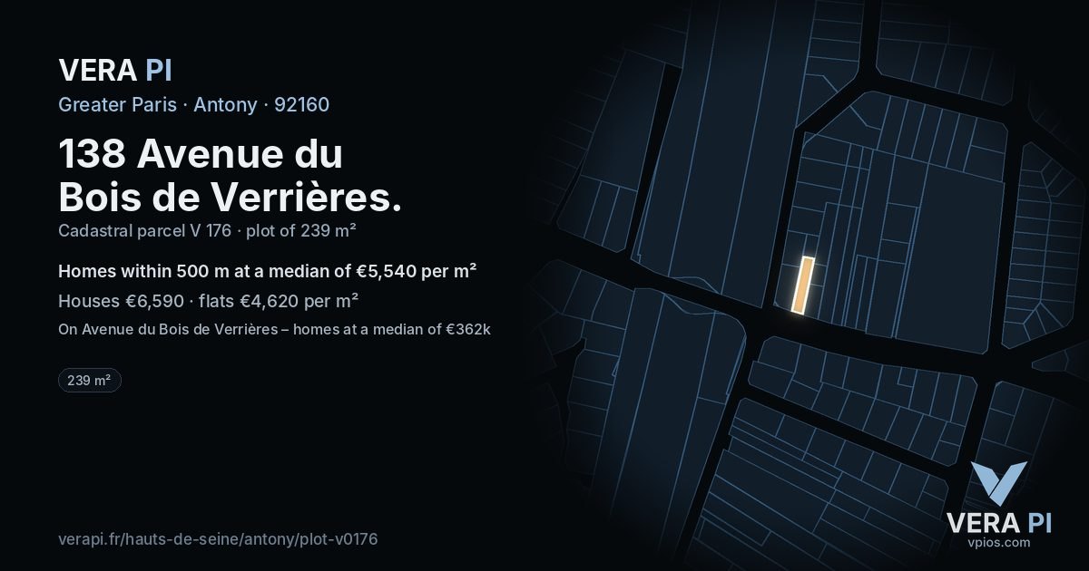 138 Avenue du Bois de Verrières, Antony at night – the plot lit, the parcels around coloured by the prices near them