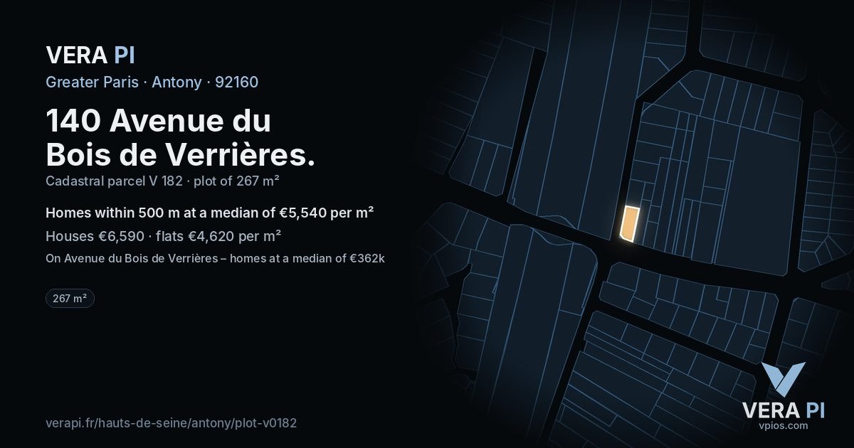 140 Avenue du Bois de Verrières, Antony at night – the plot lit, the parcels around coloured by the prices near them