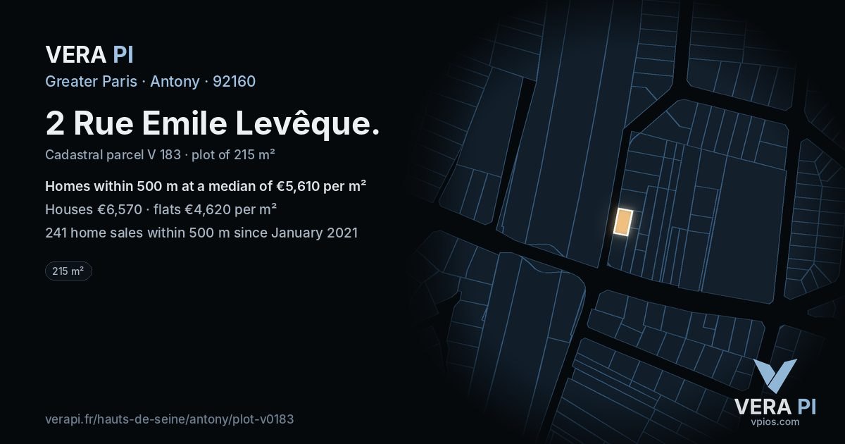 2 Rue Emile Levêque, Antony at night – the plot lit, the parcels around coloured by the prices near them