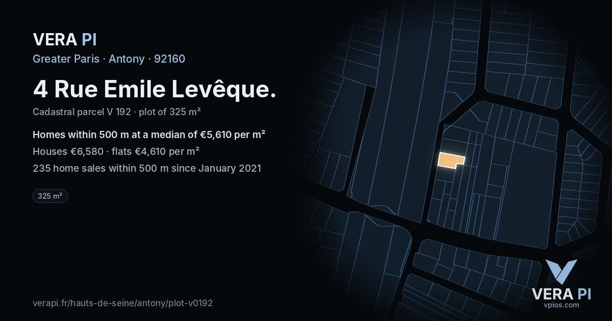 4 Rue Emile Levêque, Antony at night – the plot lit, the parcels around coloured by the prices near them