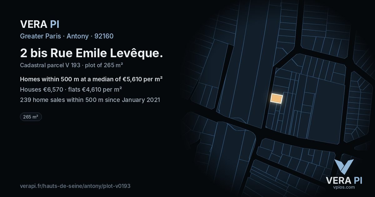 2 bis Rue Emile Levêque, Antony at night – the plot lit, the parcels around coloured by the prices near them