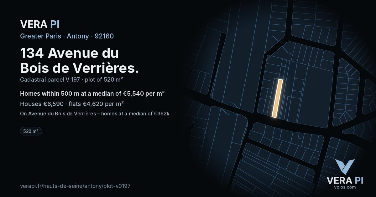 134 Avenue du Bois de Verrières, Antony at night – the plot lit, the parcels around coloured by the prices near them