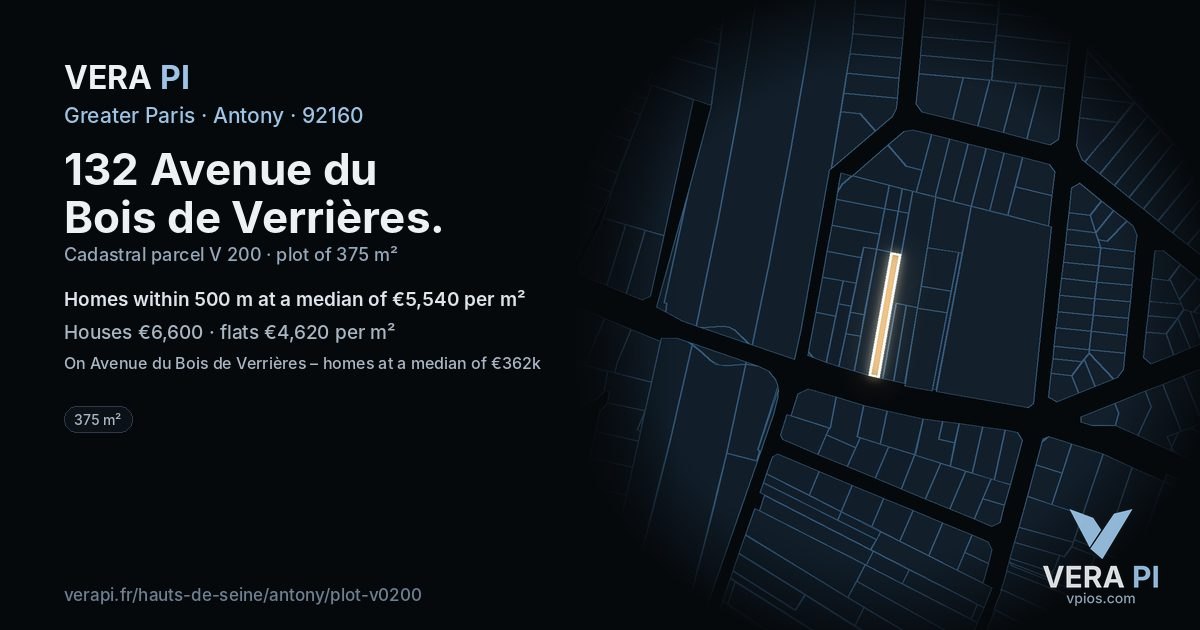 132 Avenue du Bois de Verrières, Antony at night – the plot lit, the parcels around coloured by the prices near them