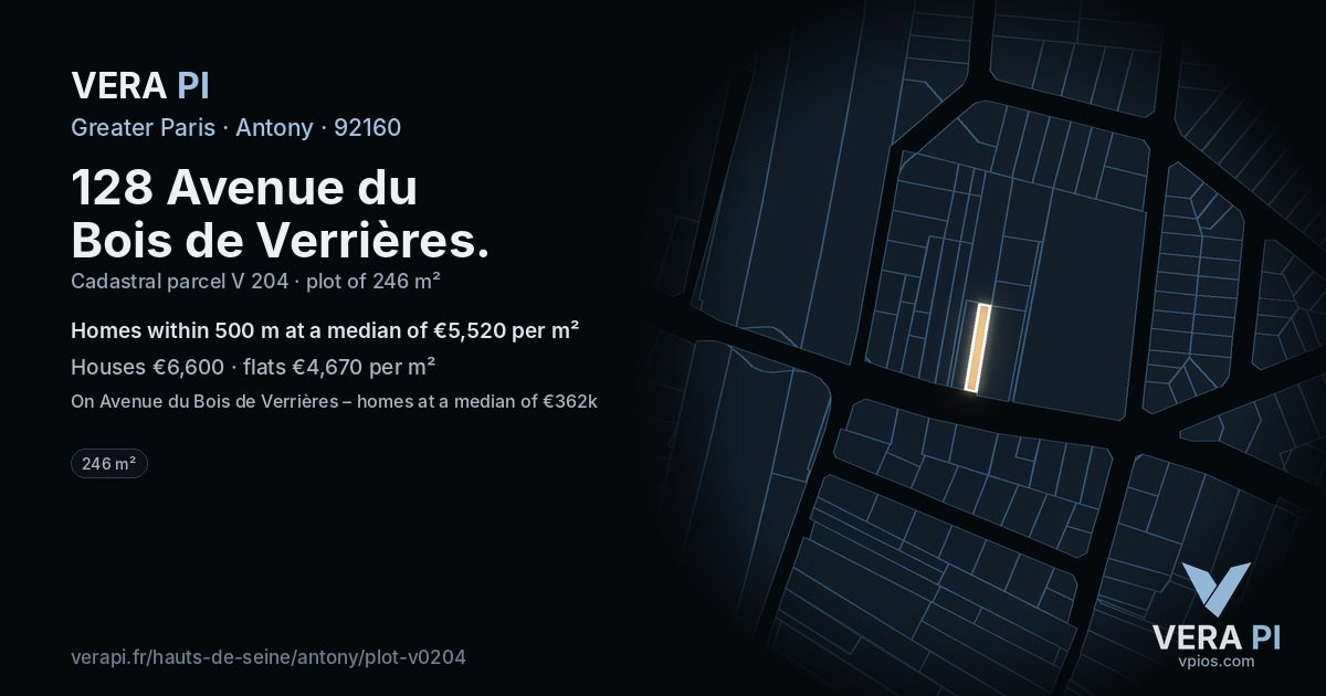 128 Avenue du Bois de Verrières, Antony at night – the plot lit, the parcels around coloured by the prices near them