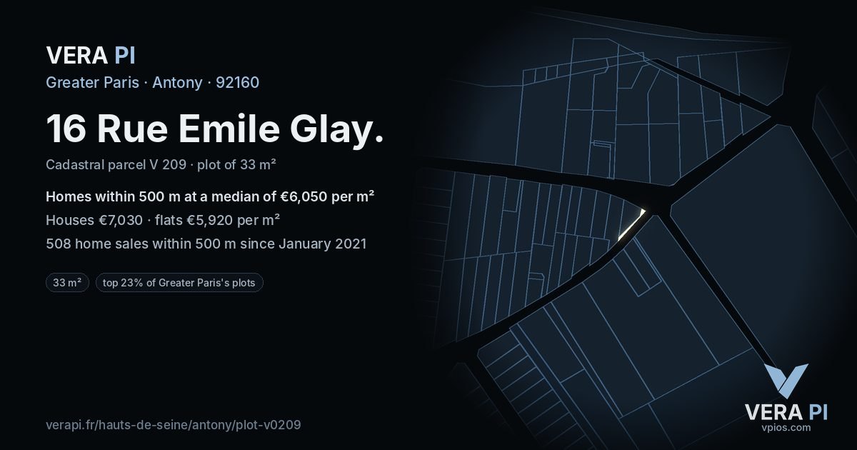 16 Rue Emile Glay, Antony at night – the plot lit, the parcels around coloured by the prices near them