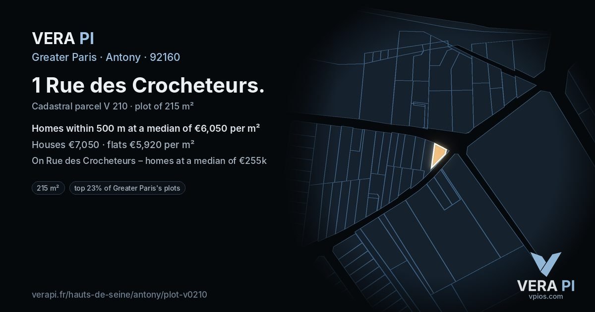 1 Rue des Crocheteurs, Antony at night – the plot lit, the parcels around coloured by the prices near them