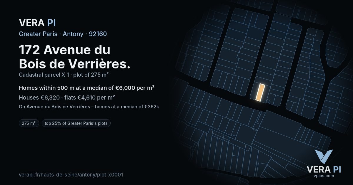 172 Avenue du Bois de Verrières, Antony at night – the plot lit, the parcels around coloured by the prices near them