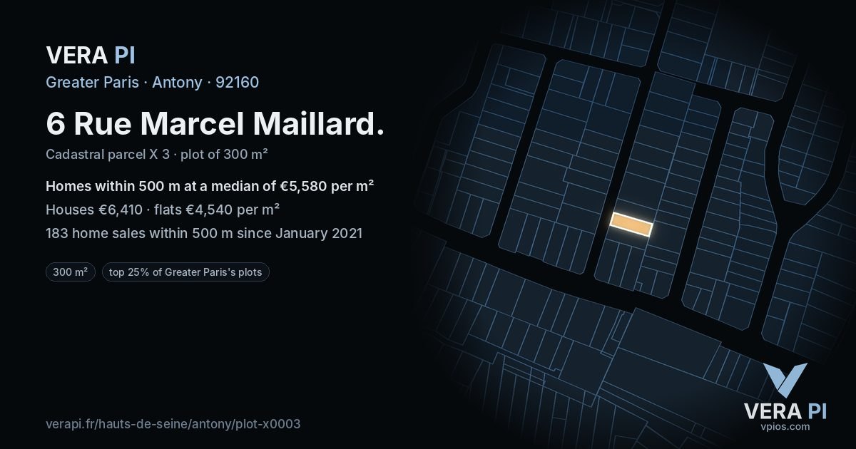 6 Rue Marcel Maillard, Antony at night – the plot lit, the parcels around coloured by the prices near them