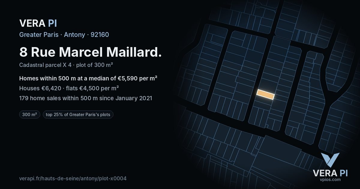 8 Rue Marcel Maillard, Antony at night – the plot lit, the parcels around coloured by the prices near them