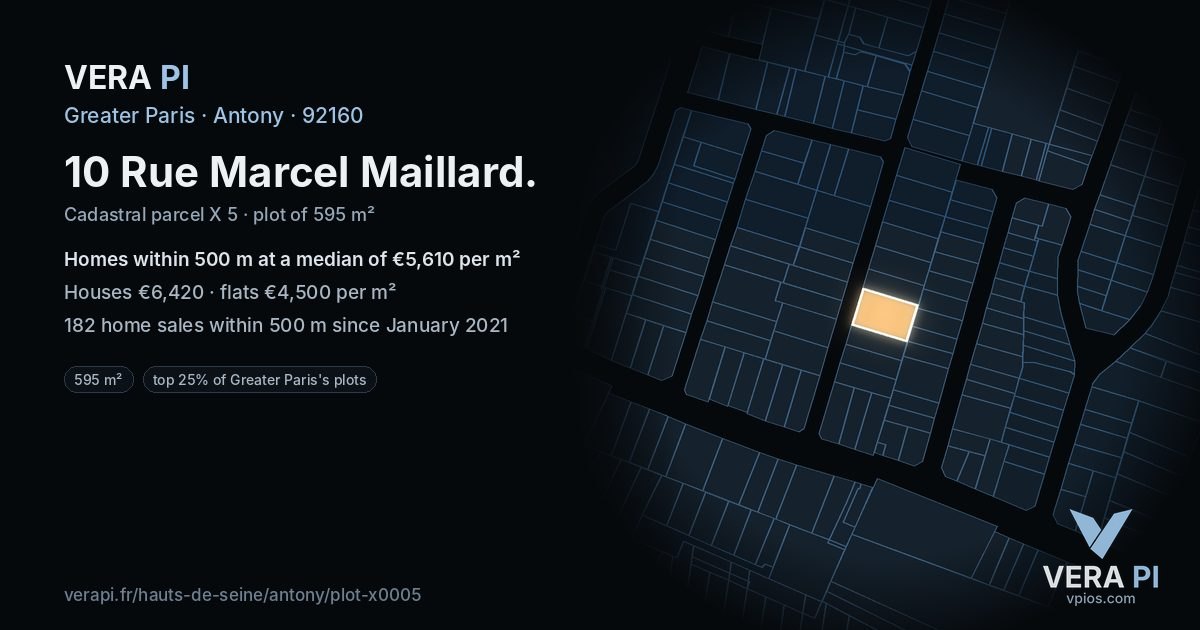 10 Rue Marcel Maillard, Antony at night – the plot lit, the parcels around coloured by the prices near them
