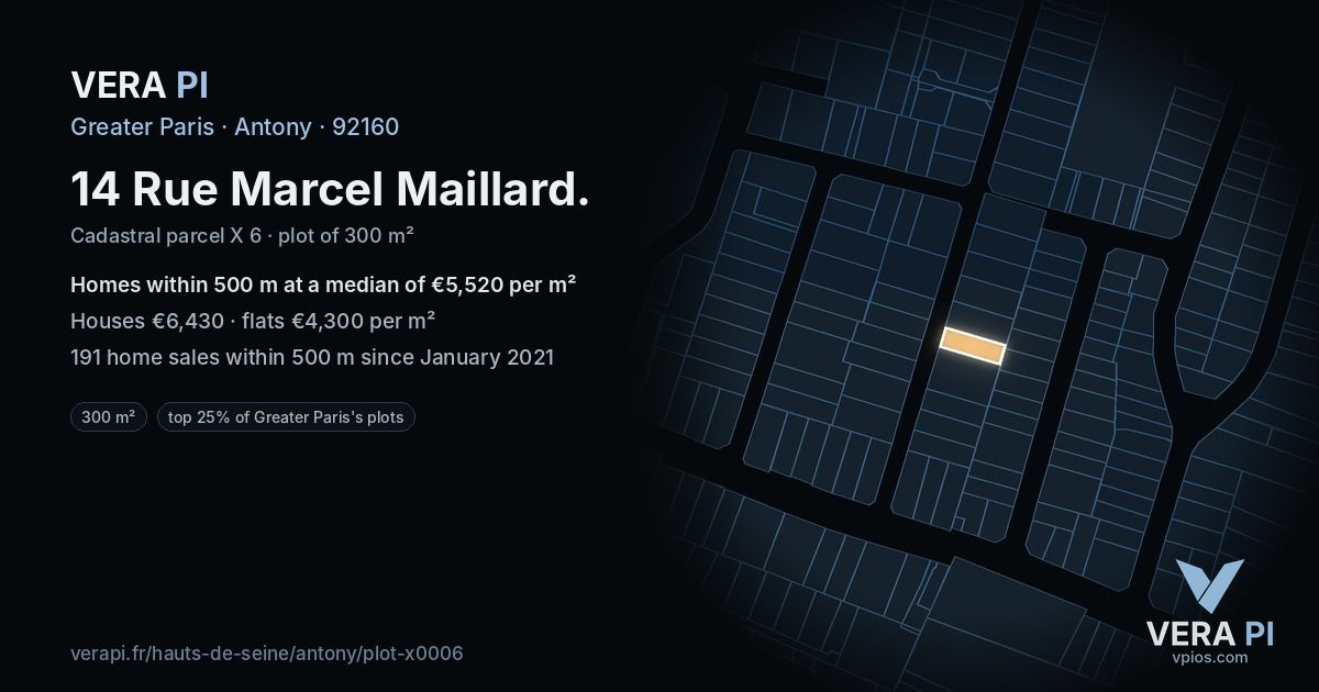 14 Rue Marcel Maillard, Antony at night – the plot lit, the parcels around coloured by the prices near them