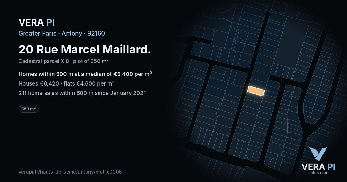 20 Rue Marcel Maillard, Antony at night – the plot lit, the parcels around coloured by the prices near them