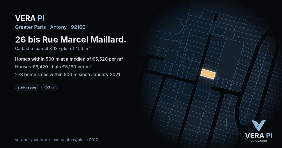 26 bis Rue Marcel Maillard, Antony at night – the plot lit, the parcels around coloured by the prices near them