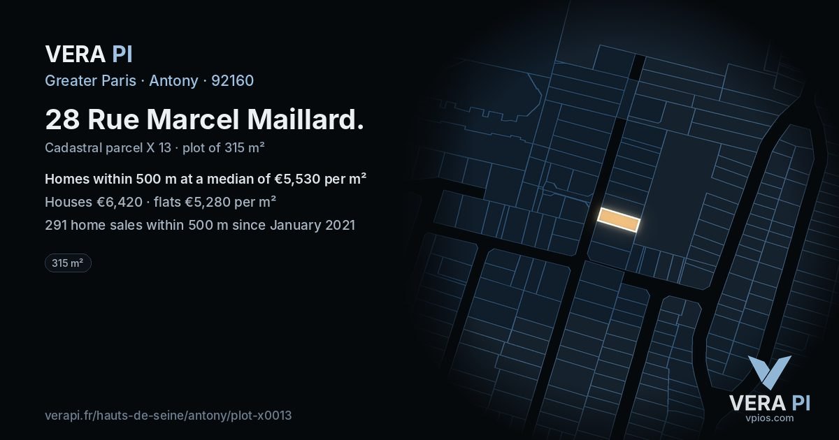 28 Rue Marcel Maillard, Antony at night – the plot lit, the parcels around coloured by the prices near them
