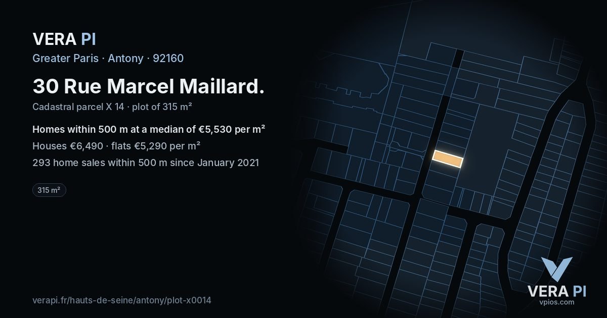 30 Rue Marcel Maillard, Antony at night – the plot lit, the parcels around coloured by the prices near them