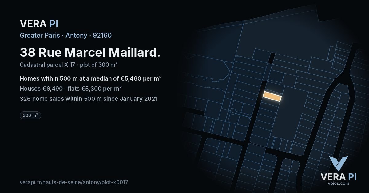 38 Rue Marcel Maillard, Antony at night – the plot lit, the parcels around coloured by the prices near them