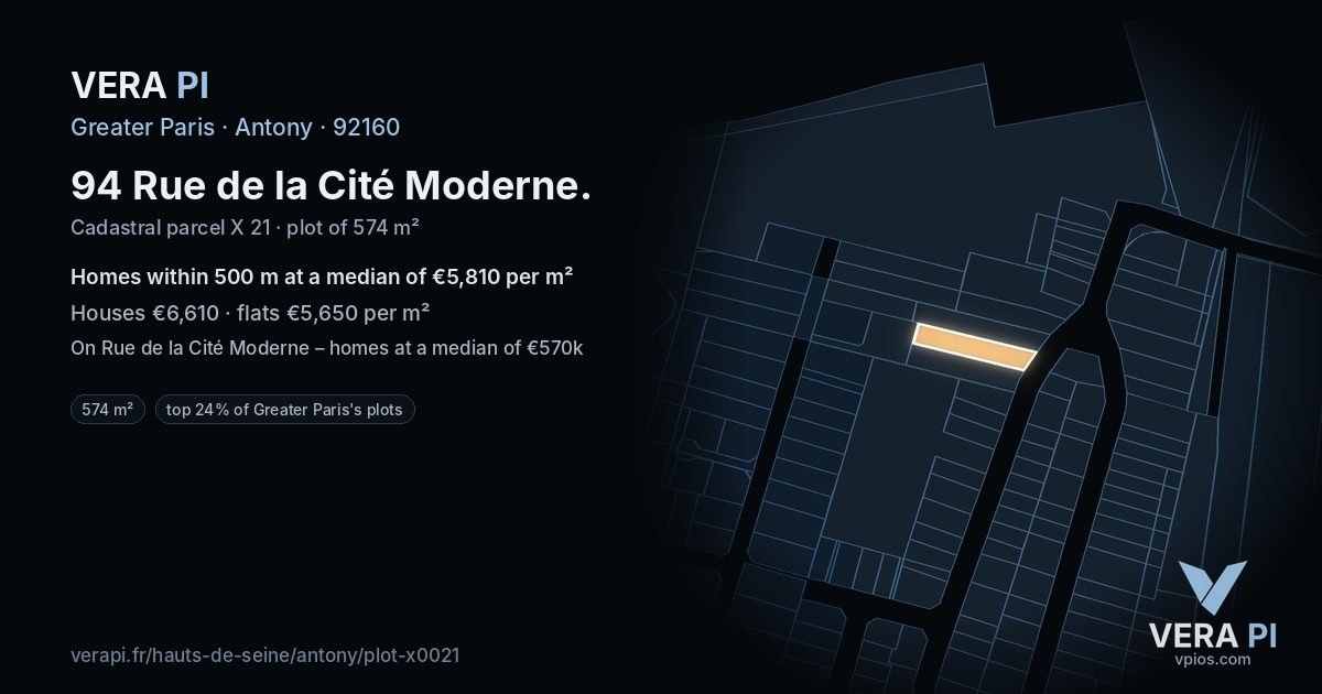 94 Rue de la Cité Moderne, Antony at night – the plot lit, the parcels around coloured by the prices near them