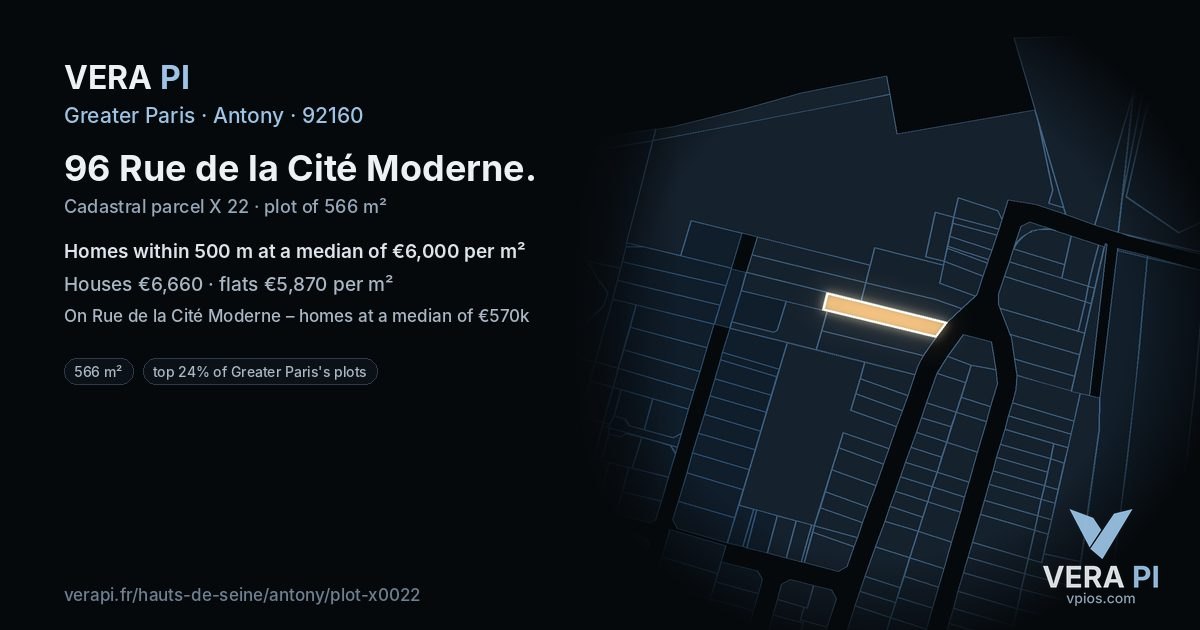 96 Rue de la Cité Moderne, Antony at night – the plot lit, the parcels around coloured by the prices near them