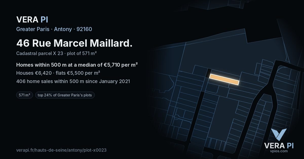 46 Rue Marcel Maillard, Antony at night – the plot lit, the parcels around coloured by the prices near them