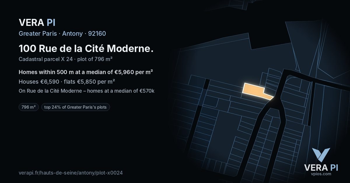 100 Rue de la Cité Moderne, Antony at night – the plot lit, the parcels around coloured by the prices near them