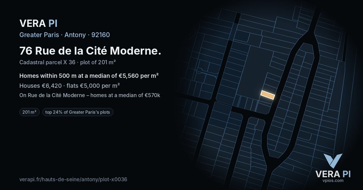 76 Rue de la Cité Moderne, Antony at night – the plot lit, the parcels around coloured by the prices near them