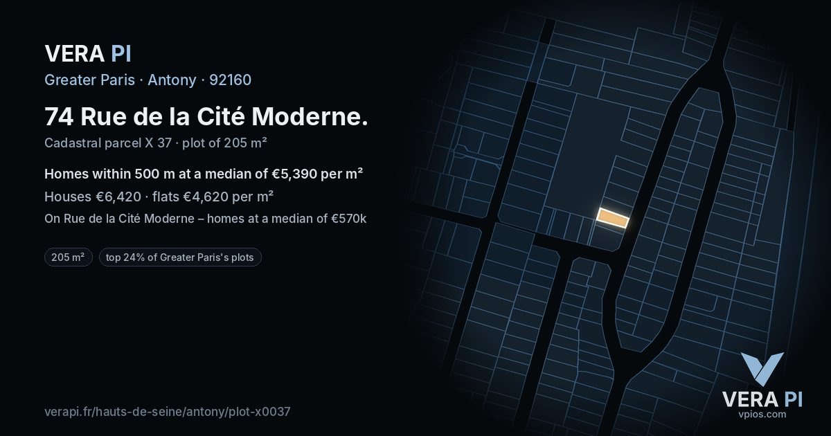 74 Rue de la Cité Moderne, Antony at night – the plot lit, the parcels around coloured by the prices near them