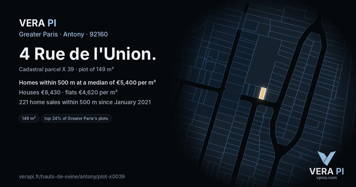 4 Rue de l'Union, Antony at night – the plot lit, the parcels around coloured by the prices near them
