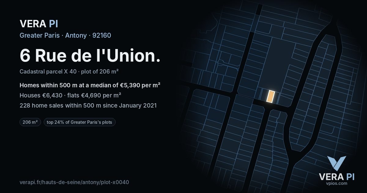 6 Rue de l'Union, Antony at night – the plot lit, the parcels around coloured by the prices near them