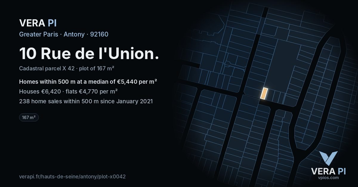 10 Rue de l'Union, Antony at night – the plot lit, the parcels around coloured by the prices near them