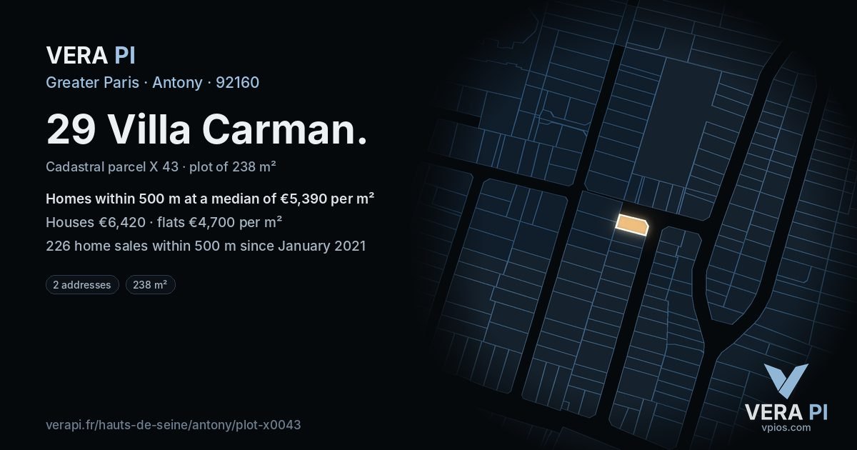 29 Villa Carman, Antony at night – the plot lit, the parcels around coloured by the prices near them
