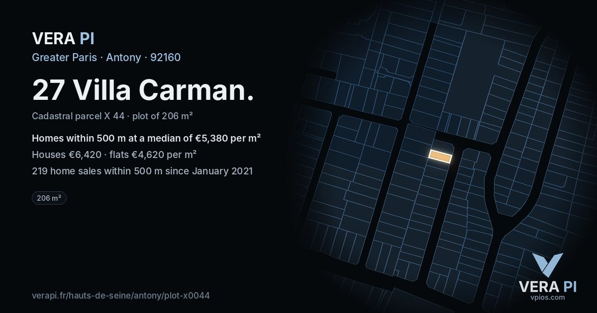 27 Villa Carman, Antony at night – the plot lit, the parcels around coloured by the prices near them