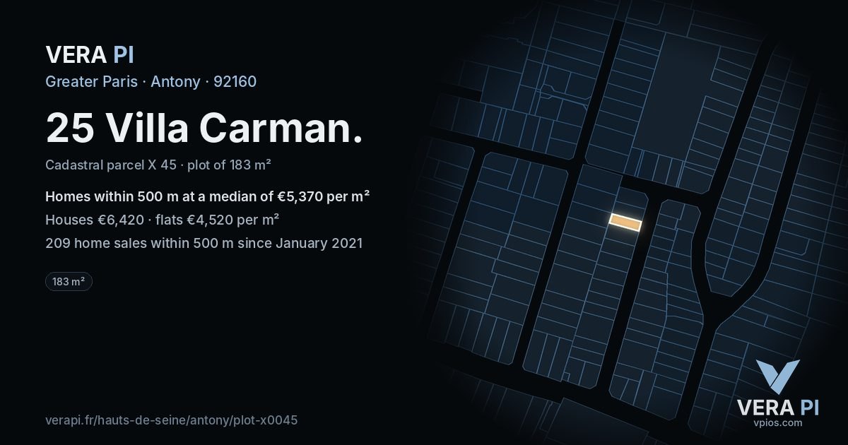 25 Villa Carman, Antony at night – the plot lit, the parcels around coloured by the prices near them