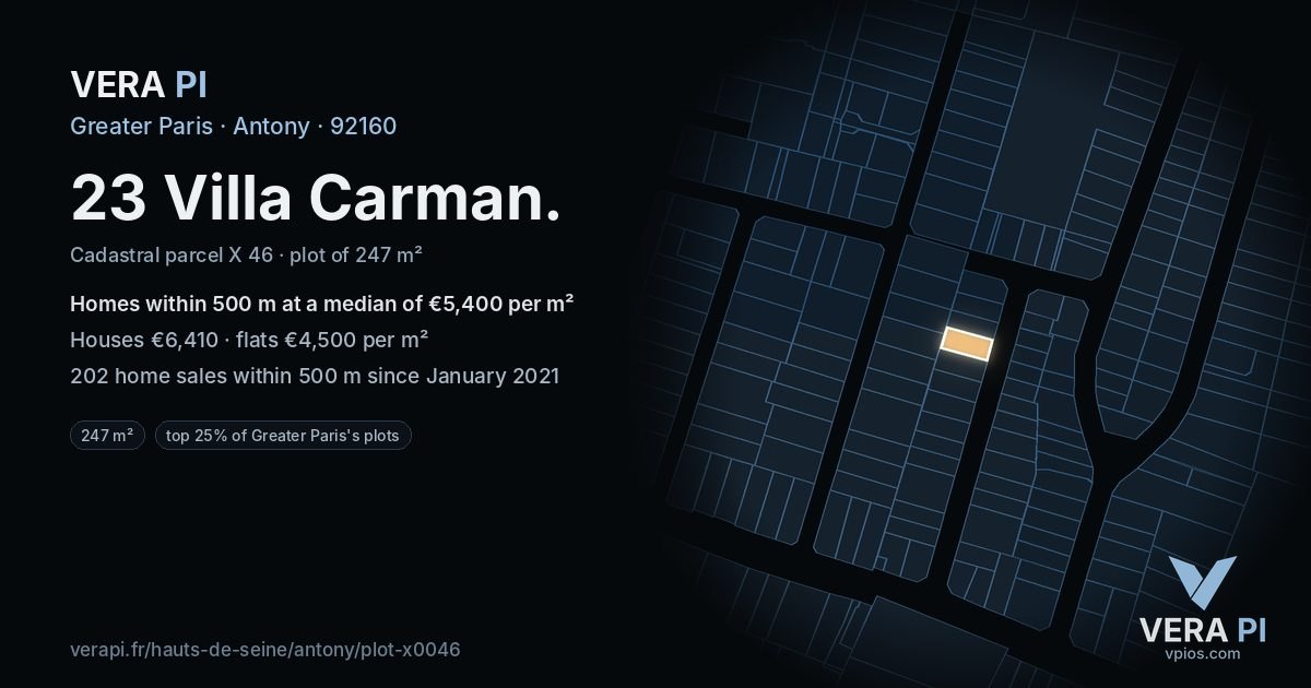 23 Villa Carman, Antony at night – the plot lit, the parcels around coloured by the prices near them