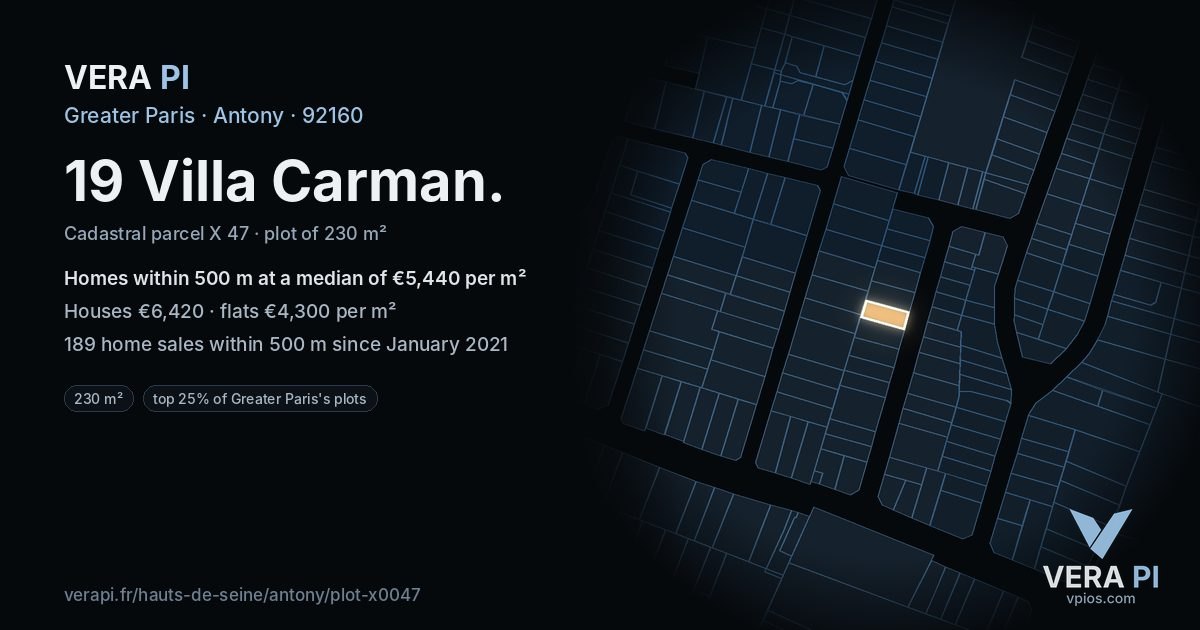 19 Villa Carman, Antony at night – the plot lit, the parcels around coloured by the prices near them