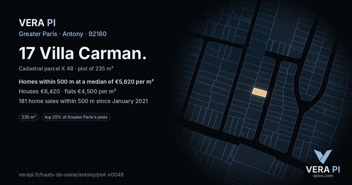 17 Villa Carman, Antony at night – the plot lit, the parcels around coloured by the prices near them