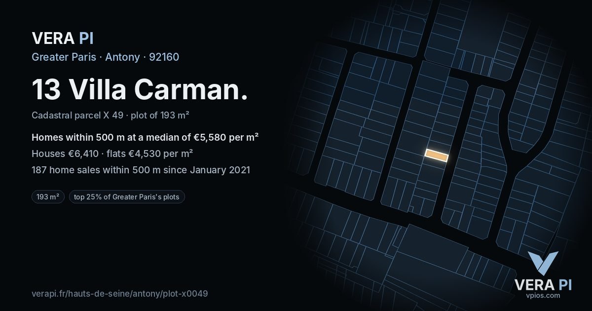 13 Villa Carman, Antony at night – the plot lit, the parcels around coloured by the prices near them