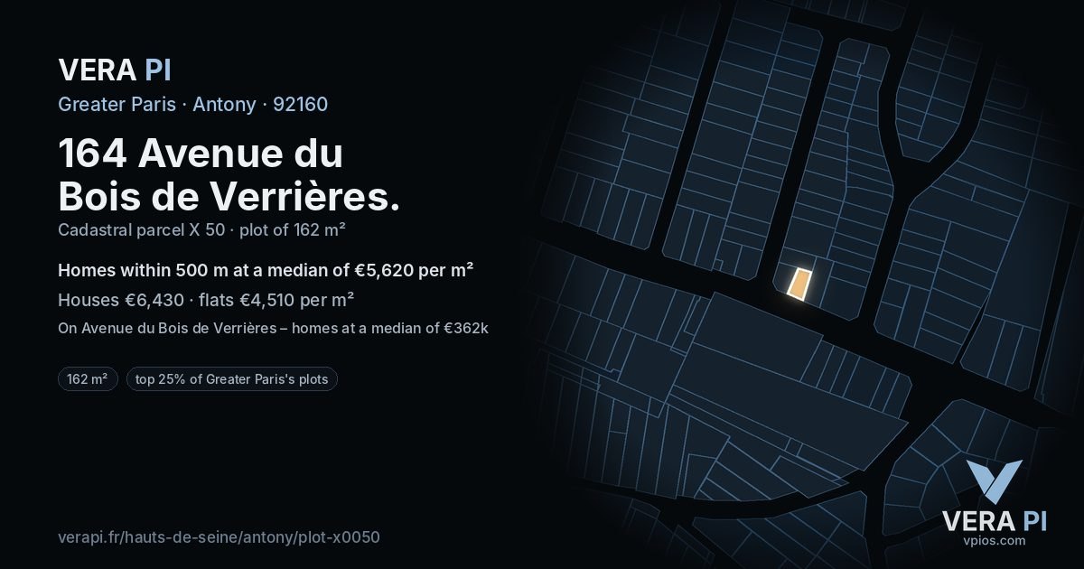 164 Avenue du Bois de Verrières, Antony at night – the plot lit, the parcels around coloured by the prices near them