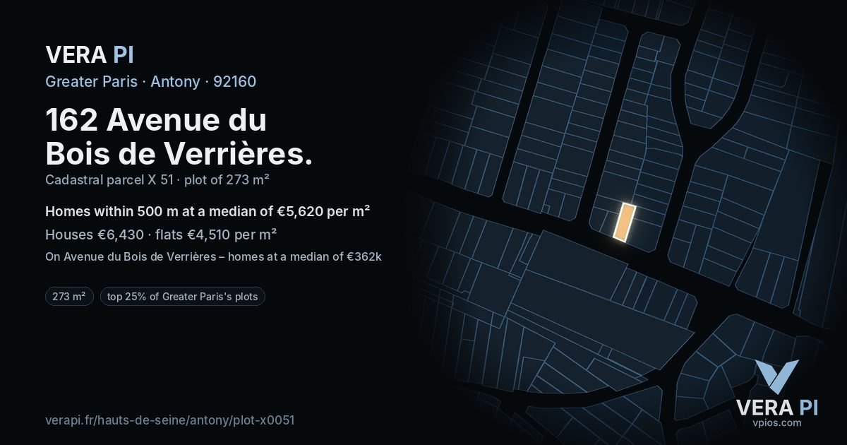162 Avenue du Bois de Verrières, Antony at night – the plot lit, the parcels around coloured by the prices near them