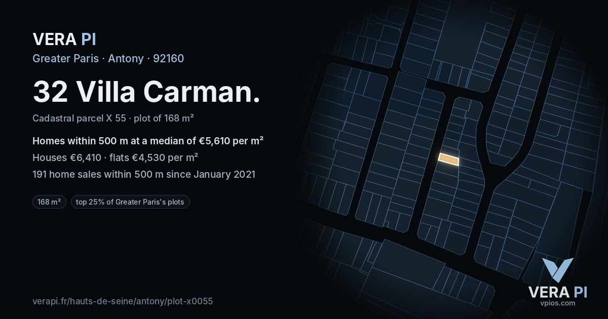 32 Villa Carman, Antony at night – the plot lit, the parcels around coloured by the prices near them