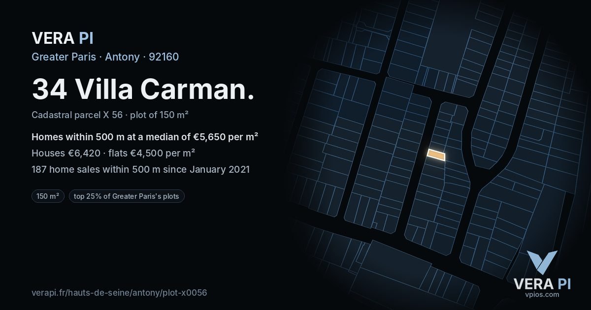 34 Villa Carman, Antony at night – the plot lit, the parcels around coloured by the prices near them