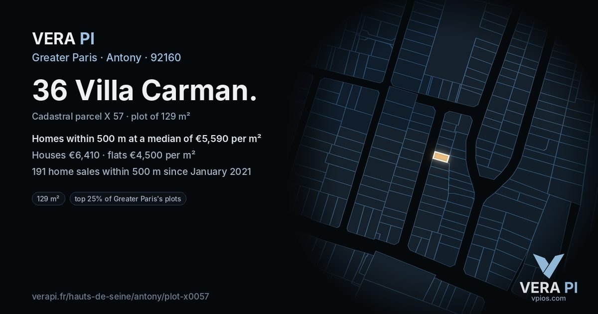 36 Villa Carman, Antony at night – the plot lit, the parcels around coloured by the prices near them
