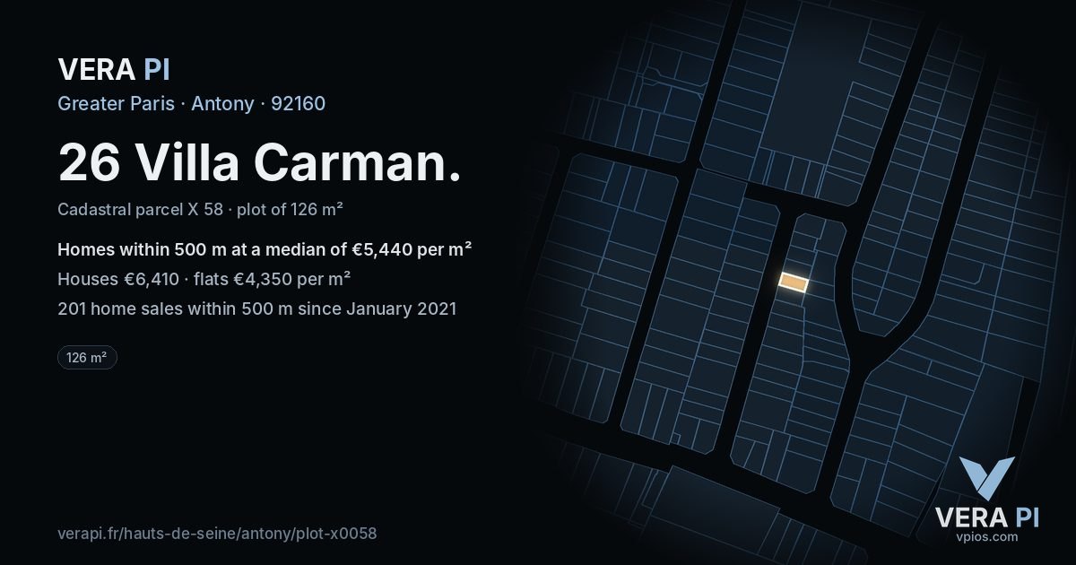 26 Villa Carman, Antony at night – the plot lit, the parcels around coloured by the prices near them
