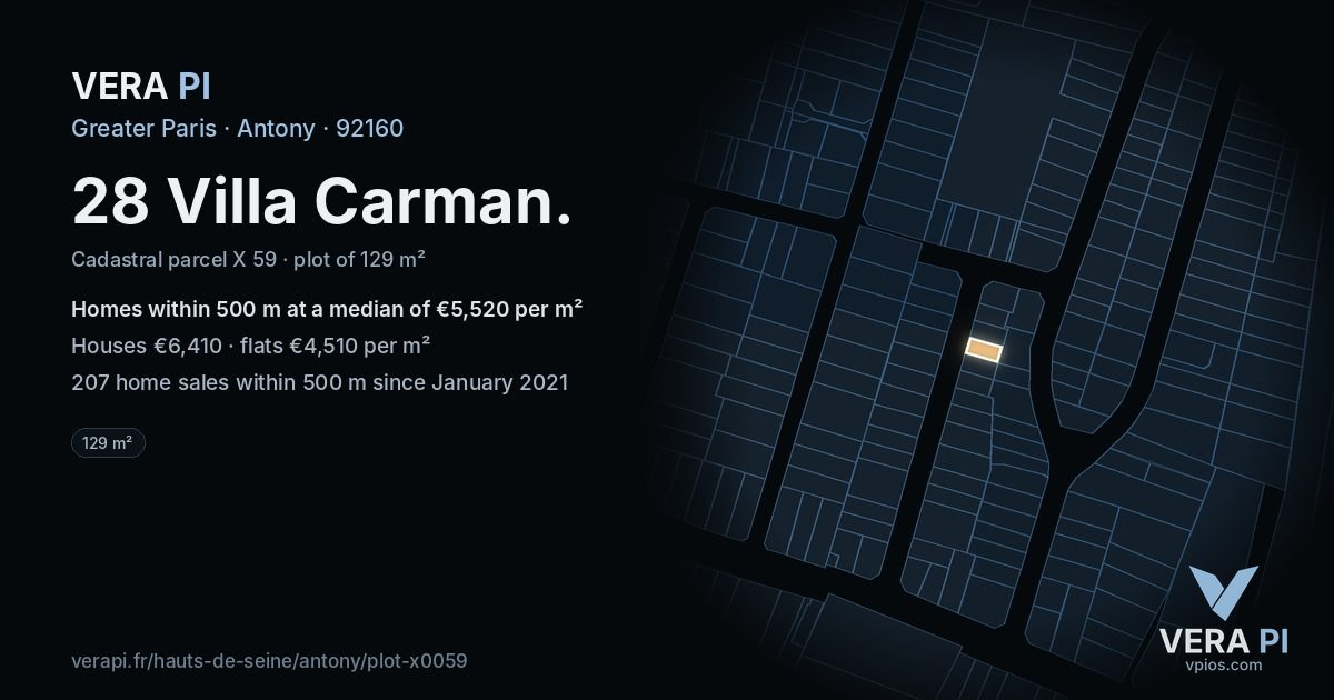 28 Villa Carman, Antony at night – the plot lit, the parcels around coloured by the prices near them