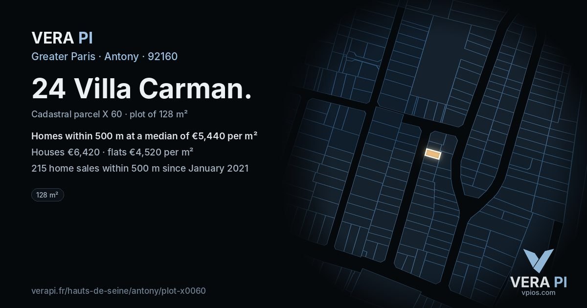 24 Villa Carman, Antony at night – the plot lit, the parcels around coloured by the prices near them