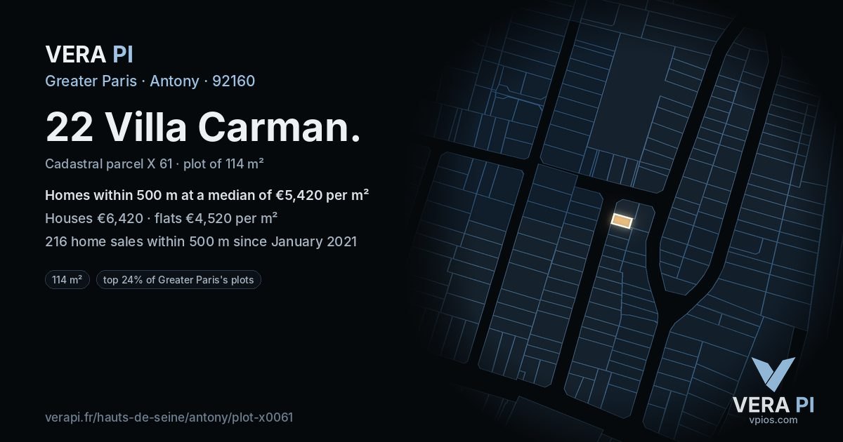 22 Villa Carman, Antony at night – the plot lit, the parcels around coloured by the prices near them