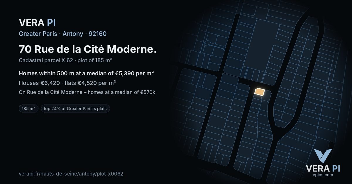 70 Rue de la Cité Moderne, Antony at night – the plot lit, the parcels around coloured by the prices near them