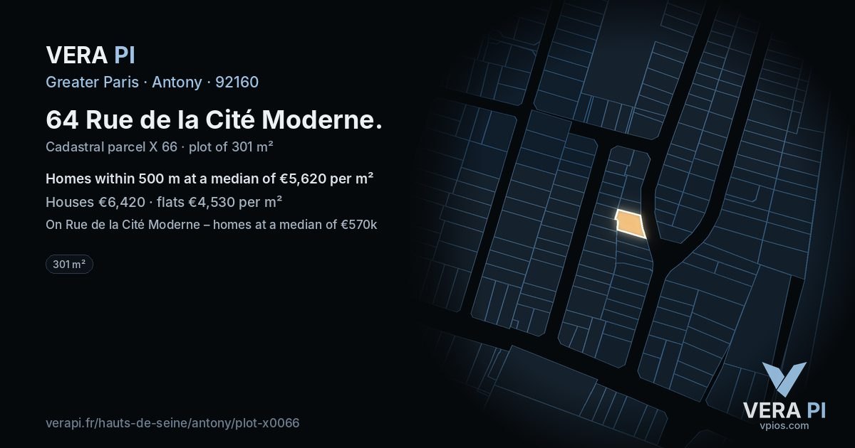 64 Rue de la Cité Moderne, Antony at night – the plot lit, the parcels around coloured by the prices near them